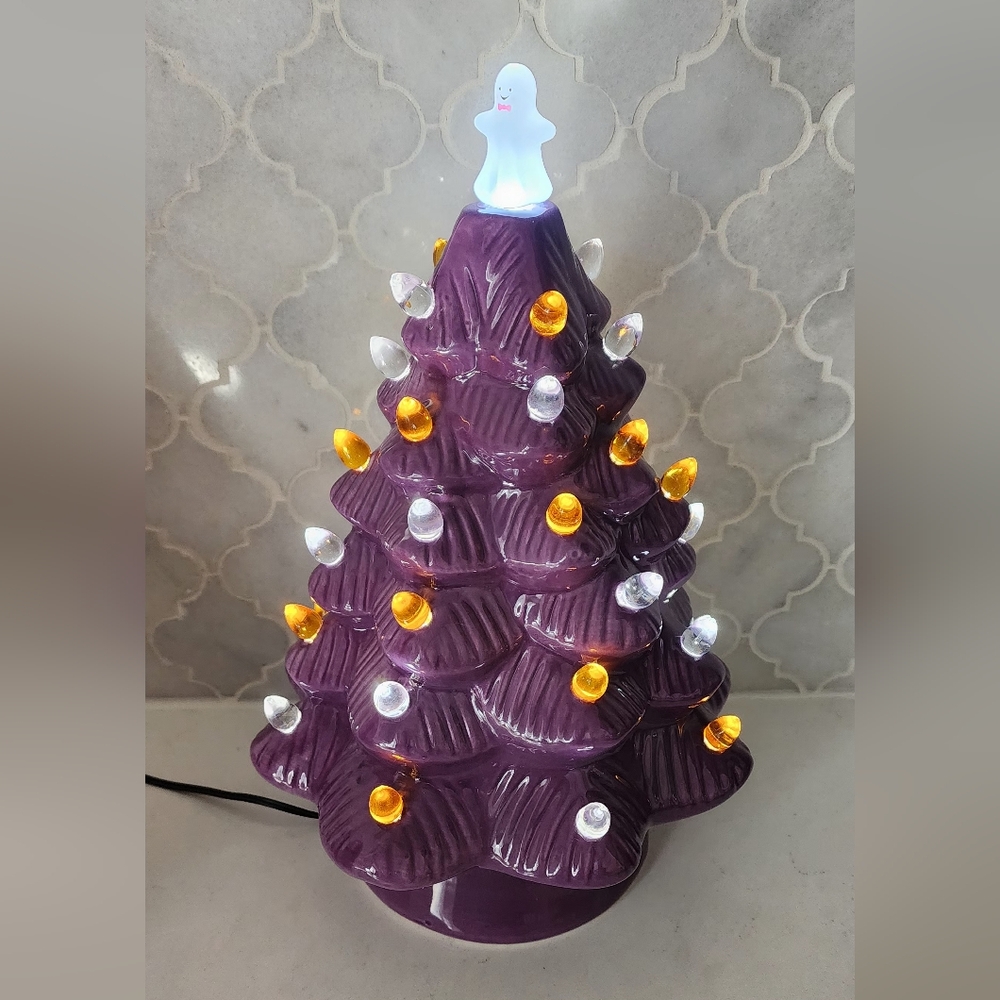 Mr Halloween Ceramic Haunted Ghost Tree Rare Purple Lighted Mr Christmas  12.5”
